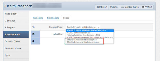 Health Passport screenshot, showing new behavioral health assessment options in dropdown menu.